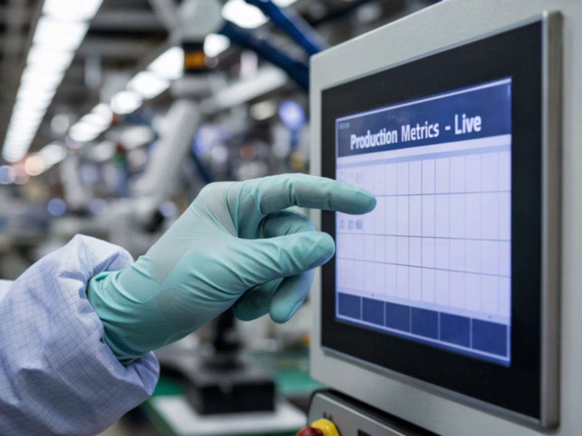 Industrieller Touchscreen zeigt Produktionsdaten und KPIs in Echtzeit