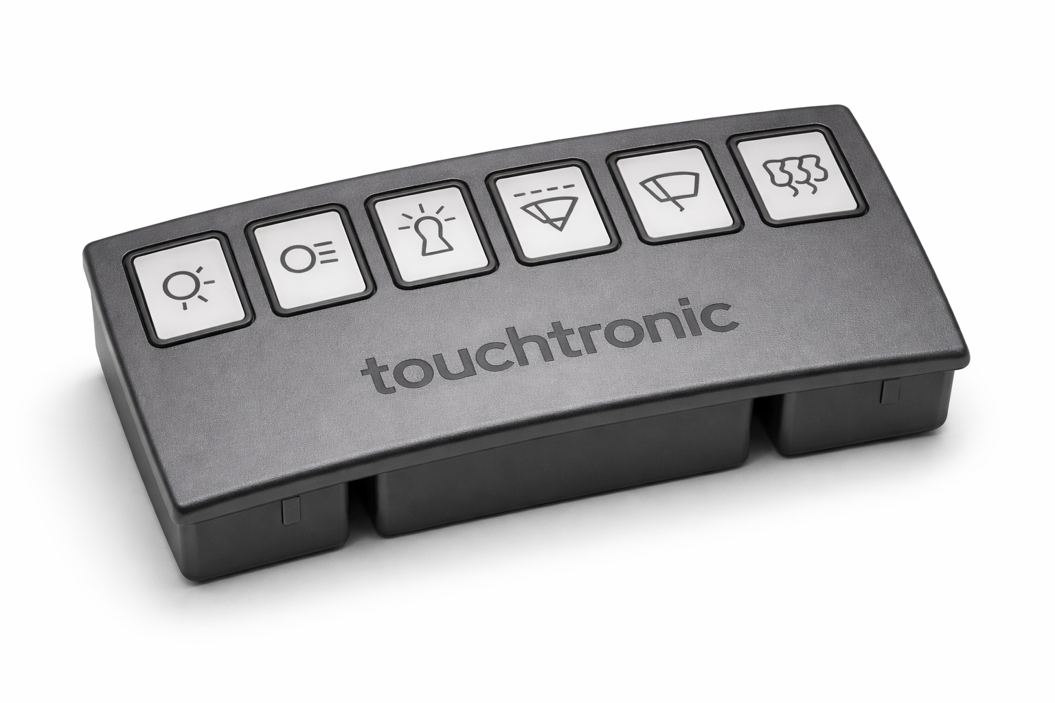 3D-Visualisierung einer industriellen Designfolie auf einem Touch-Bedienfeld mit sechs Bedientasten und Touchtronic-Logo